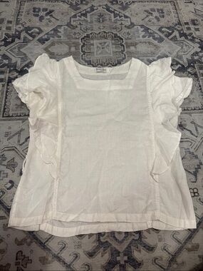 Lanhtropy White 100% Linen Ruffle Square Neck Blouse Top S
